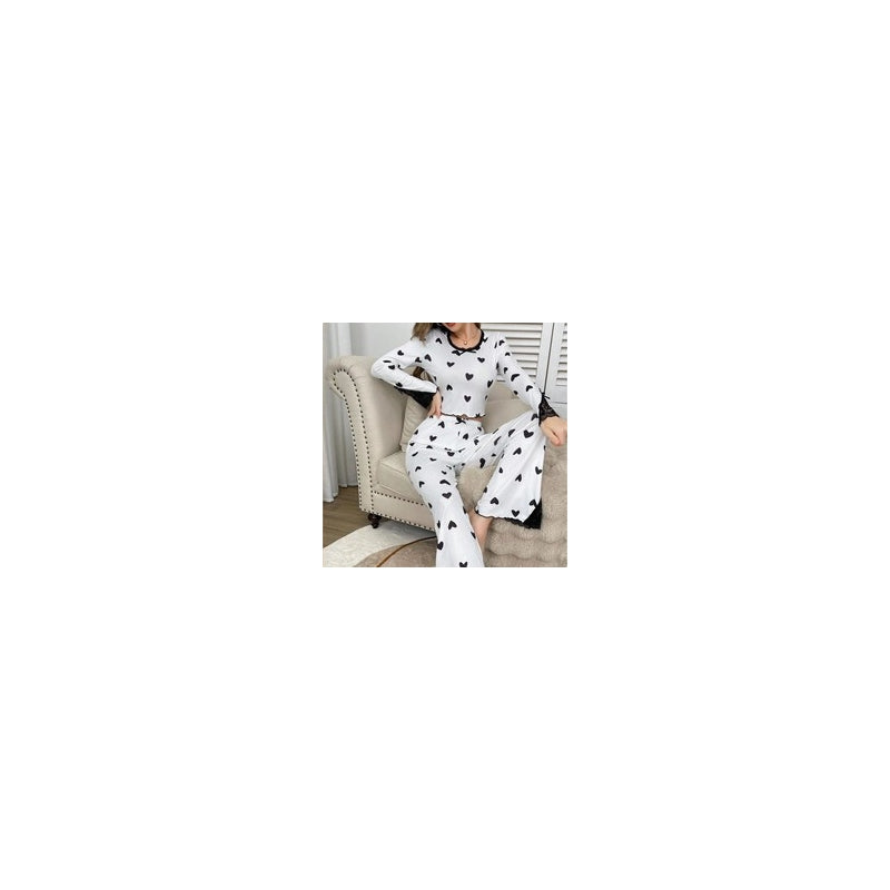 Women Fashion Sexy Love Lace Splice Long-Sleeve T-Shirt Loose Pants Pajamas Two-Piece Set