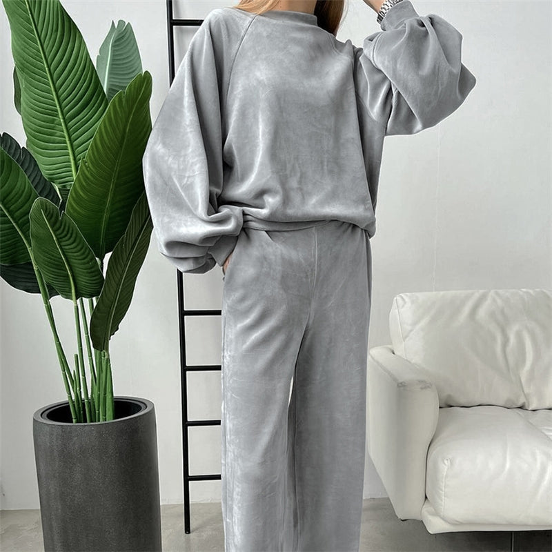Autumn Winter Women Fashion Loose Round Neck Long Sleeve Warm Home Pajamas Set