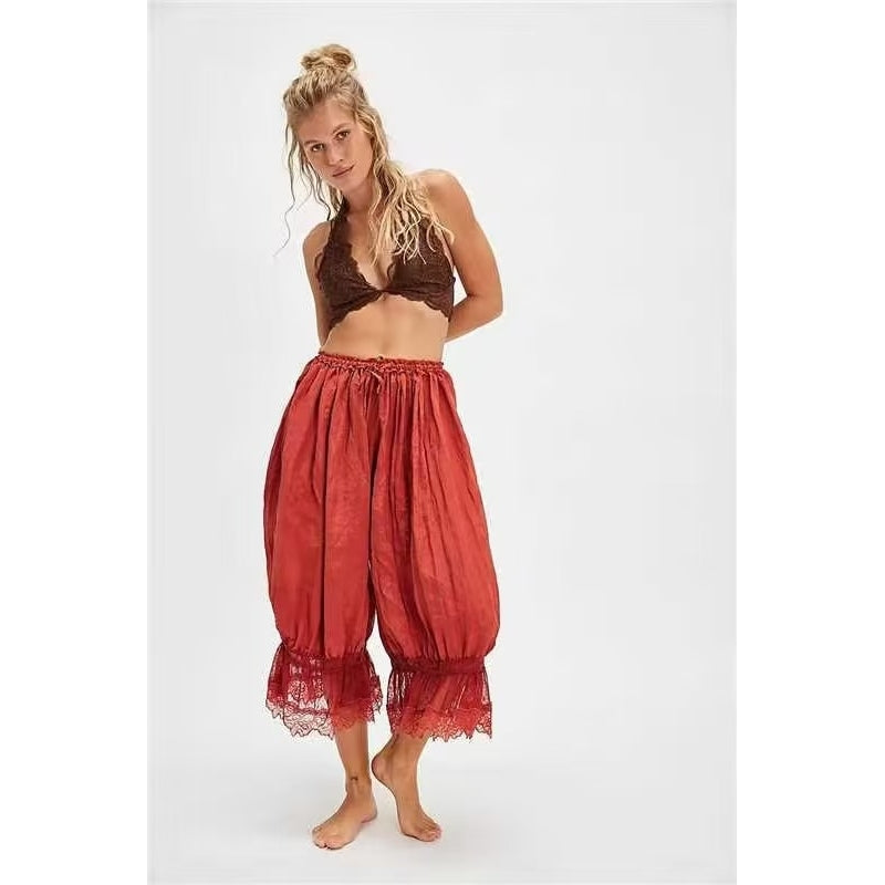 Women Fashion Elegant Lace Hollow-Out Lace-Up Pajamas Pants