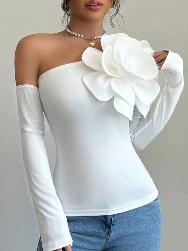 Long Sleeves Skinny Solid Color Three-Dimensional Flower One-Shoulder T-Shirts Tops