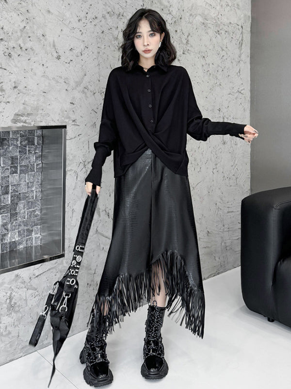 Hipster Irregularity Buttoned Solid Color Twist Lapel Collar Blouses&Shirts Tops