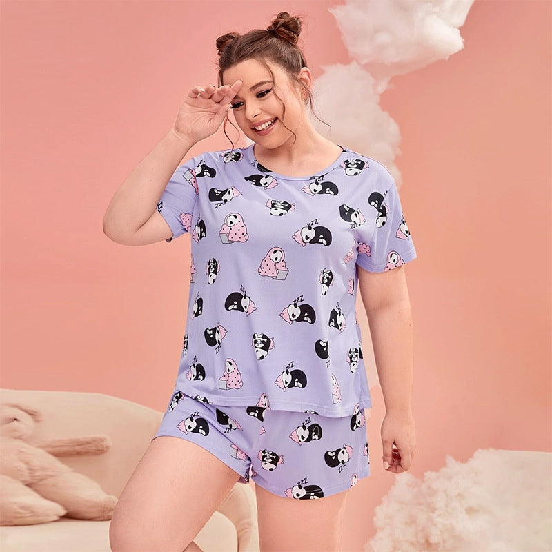 Women Fashion Casual Plus Size Printed T-Shirt Loose Shorts Pajamas Two-Piece Set