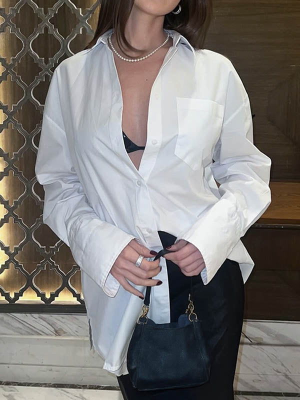 Long Sleeves Loose Buttoned Pockets Solid Color Lapel Blouses&Shirts Tops