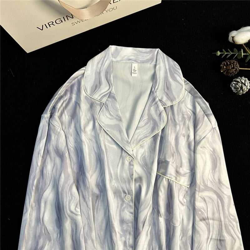 Women Fashion Elegant Gradient Ice Silk Lapel Long Sleeve Top Thin Pants Pajamas Set