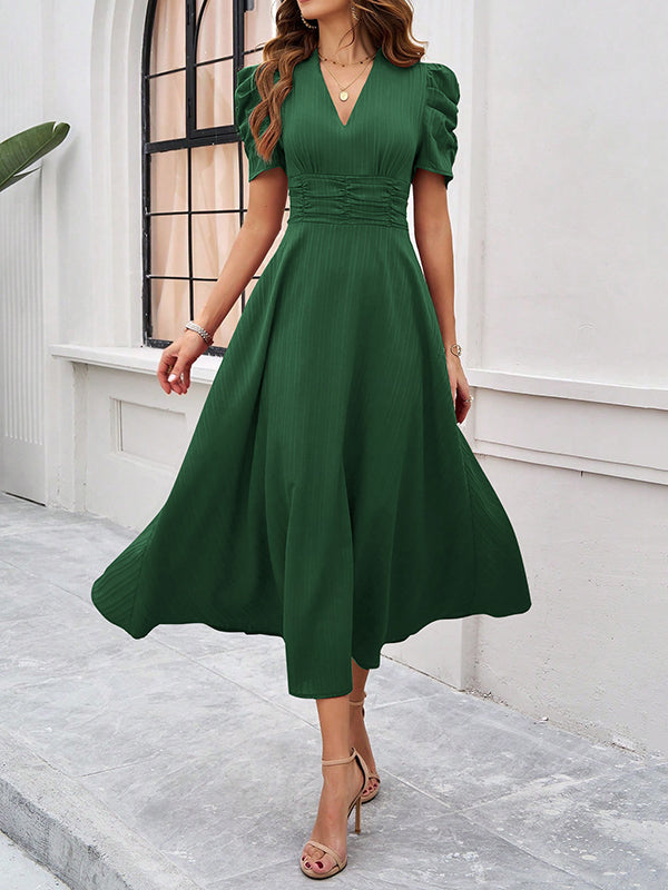 A-Line High Waisted Pleated Solid Color Zipper V-Neck Maxi Dresses