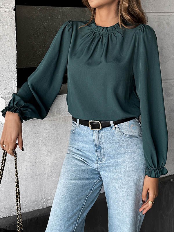 Long Sleeves Loose Elasticity Pleated Ruffle Trim Solid Color Mock Neck Blouses&Shirts Tops