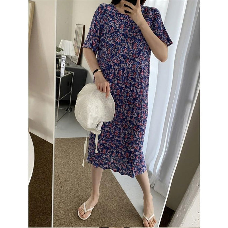 Women Fashion Casual Floral Printed Short Sleeve Loose Dress Pajamas