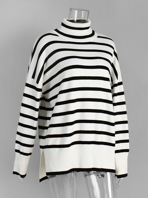 High-Low Long Sleeves Split-Joint Split-Side Striped High Neck Sweater Tops