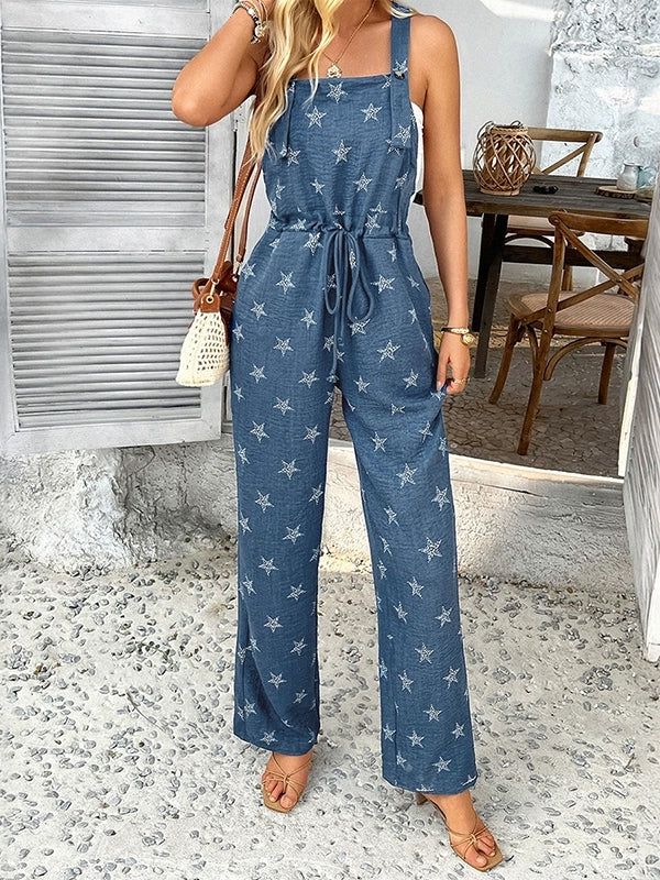 Sleeveless Buttoned Drawstring Pockets Printed Spaghetti-Neck Jumpsuits