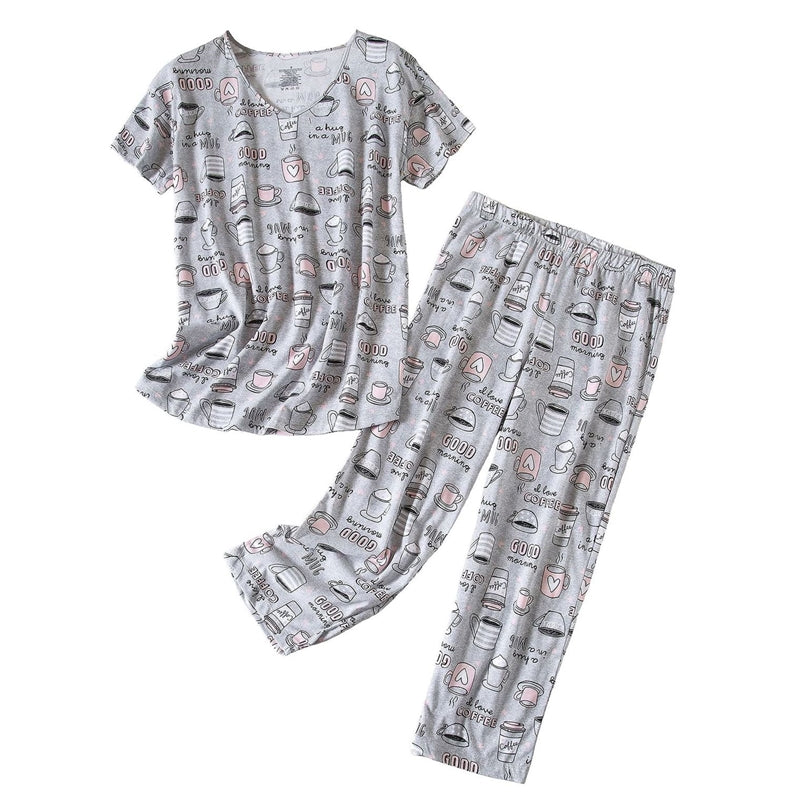 Women Fashion Casual Printed V-Neck Short-Sleeve T-Shirt Loose Pants Pajamas Set