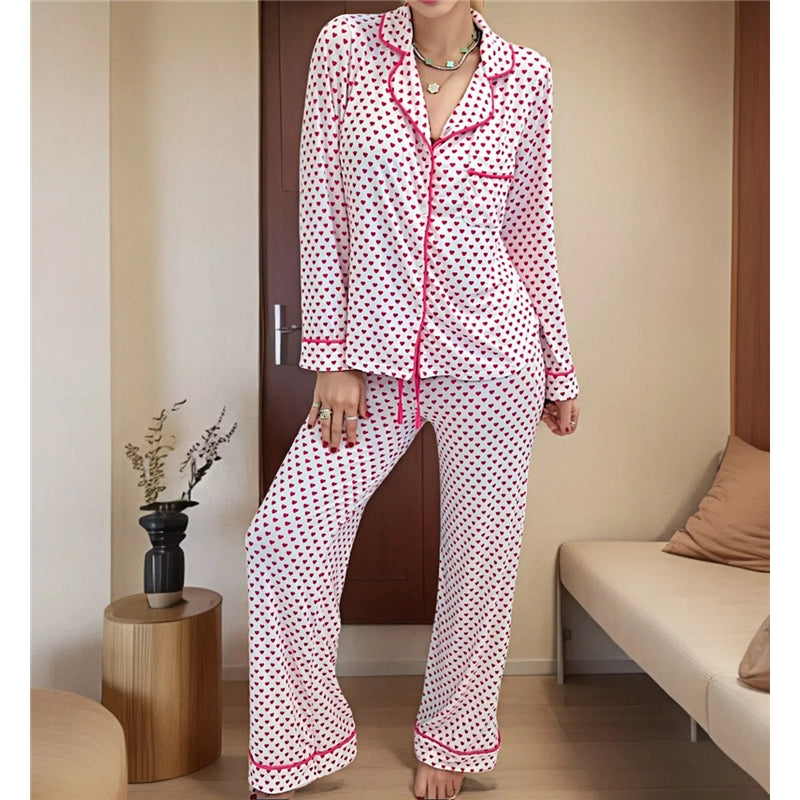 Women Fashion Casual Printed Lapel Long Sleeve Top Loose Pants Pajamas Set