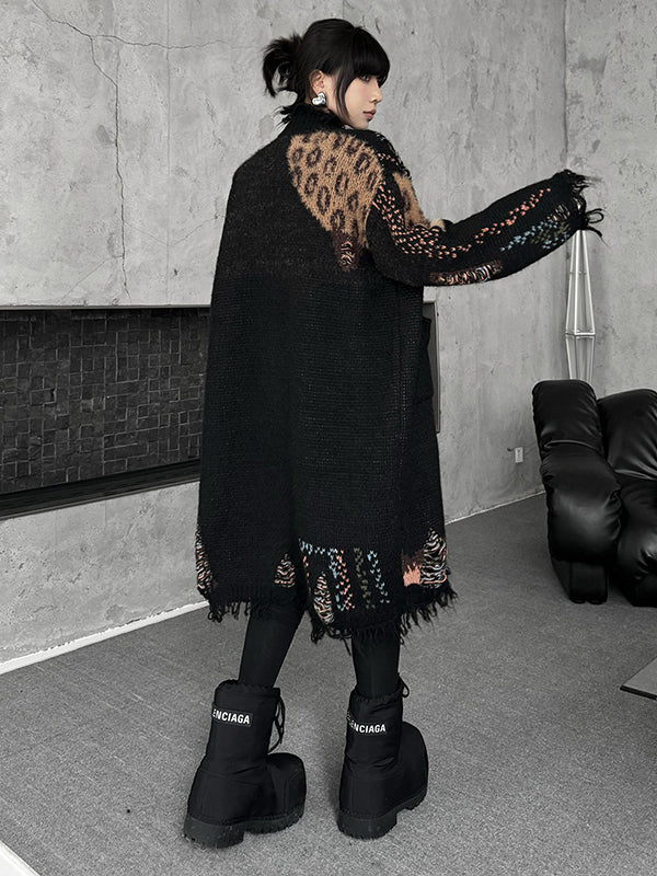 Hipster Long Sleeves Asymmetric Buttoned Contrast Color Leopard Pockets Split-Joint V-Neck Cardigan Tops