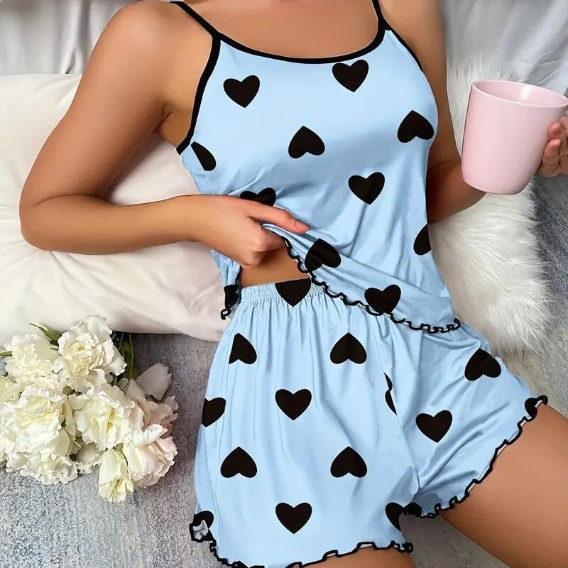 Summer Women Fashion Sexy Dot Bow Printed Camisole Shorts Home Pajamas Two-Piece Set