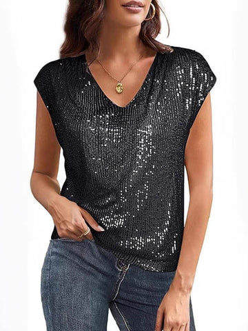 Loose Raglan Sleeve Sequined Solid Color V-Neck T-Shirts Tops