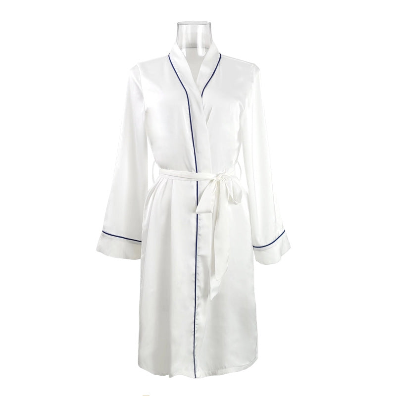 Women Fashion Sexy V-Neck Cardigan Lace-Up Silk Fabric Pajamas