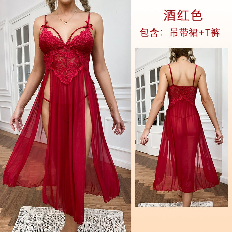 Women Fashion Sexy Deep V Lace Mesh Split Home Pajamas Set