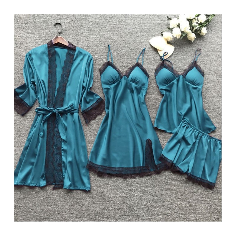 Women Sexy Solid Color Four-Piece Sling Pajamas