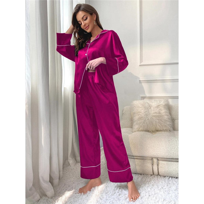 Women Fashion Casual Lapel Long-Sleeved Top Loose Pants Pajamas Two-Piece Set