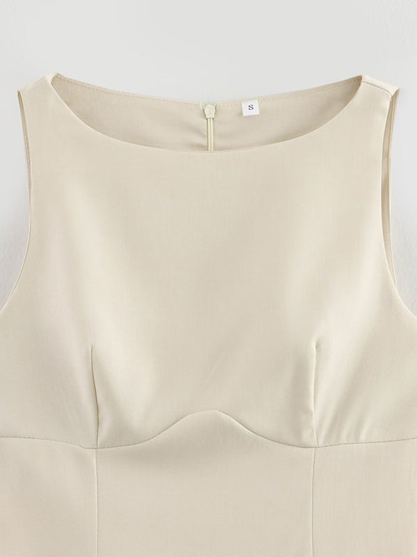 A-Line Loose Pleated Solid Color Split-Joint Zipper Round-Neck Mini Dresses