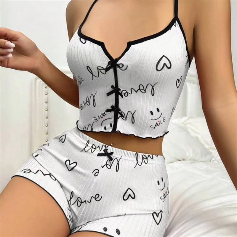 Women Fashion Sexy Printed Bowknot Camisole Slim-Fit Shorts Pajamas Two-Piece Set