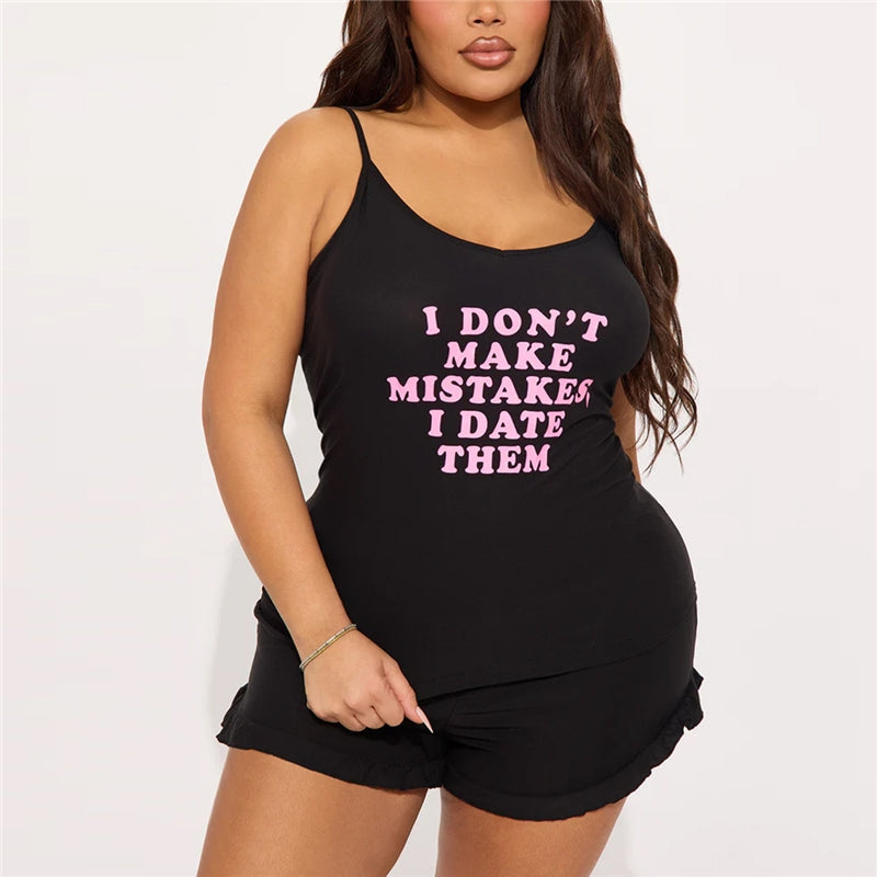 Women Fashion Sexy Letter Printed Camisole Tight Shorts Pajamas Two-Piece Set