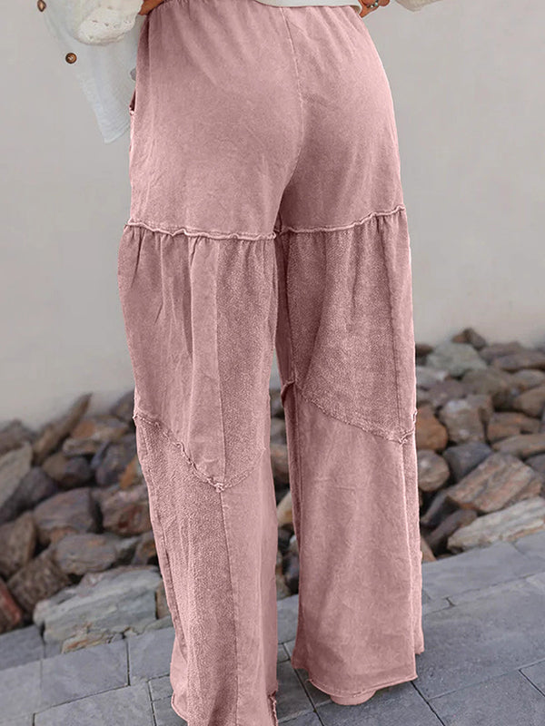 High Waisted Loose Drawstring Pleated Pockets Solid Color Split-Joint Pants Trousers