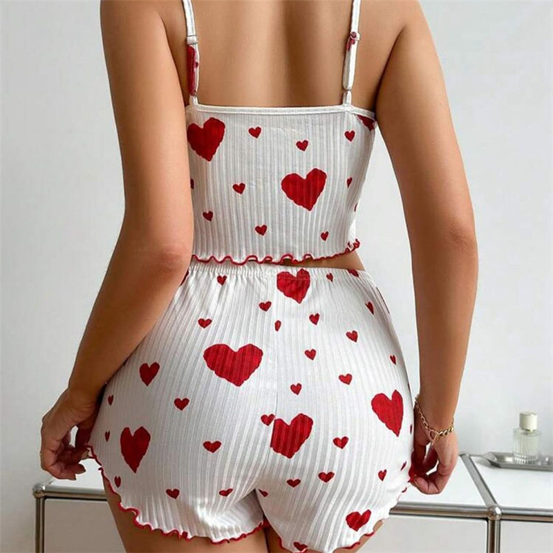 Women Fashion Sexy Strip Love Print Camisole Slim Fit Shorts Pajamas Two-Piece Set