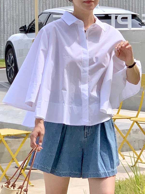 A-Line Flared Sleeves Buttoned Pleated Solid Color Lapel Blouses&Shirts Tops