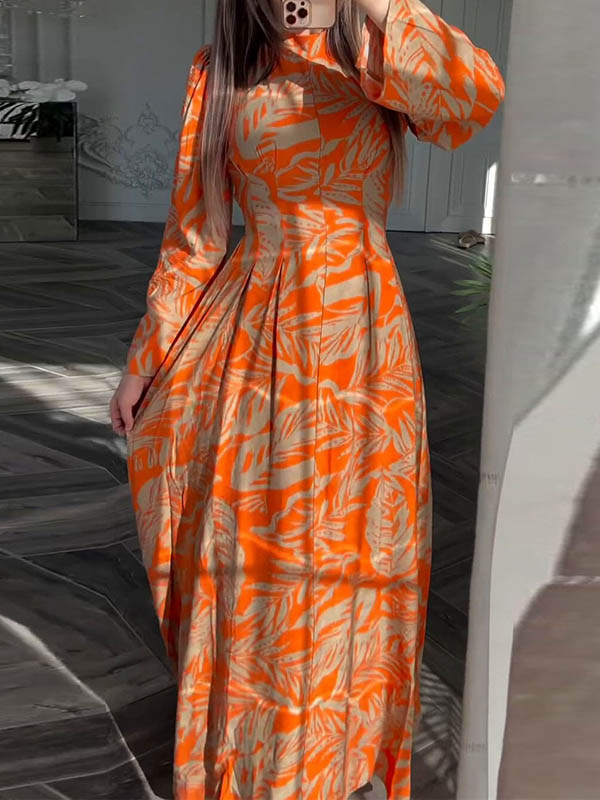 A-Line High Waisted Flower Print Pleated Zipper Mock Neck Maxi Dresses