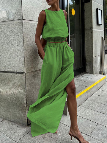 Loose Elasticity Solid Color Split-Joint Round-Neck Vest + High Waisted Split-Side Pants Two Pieces Set