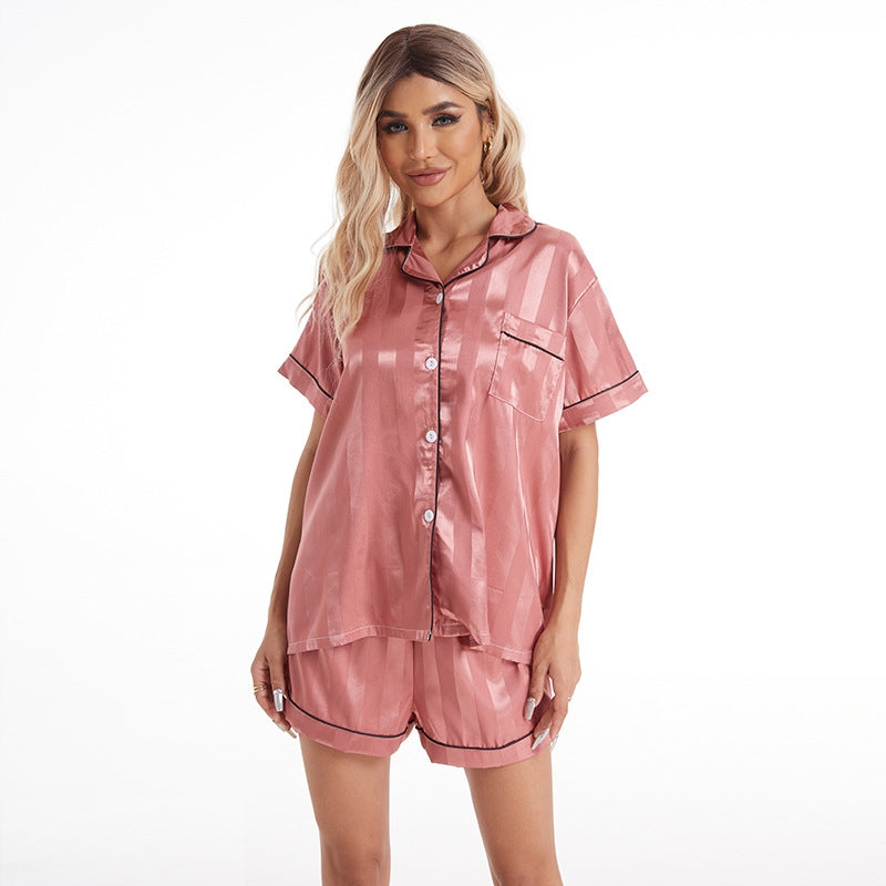 Women Fashion Jacquard Stripe Silk Imitation Home Lapel Short Sleeve Pajamas Set
