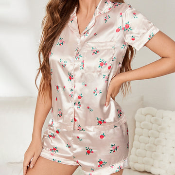 Women Casual Floral Print Short-Sleeved Top Shorts Pajamas Two-Piece Set
