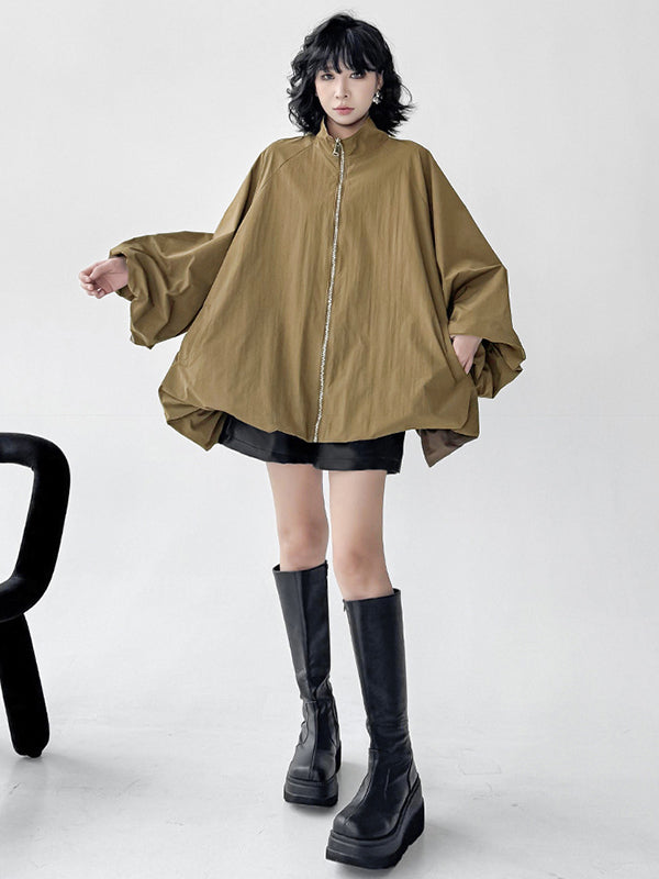 A-Line Long Sleeves Buttoned Solid Color Zipper Stand Collar Outerwear Windbreakers