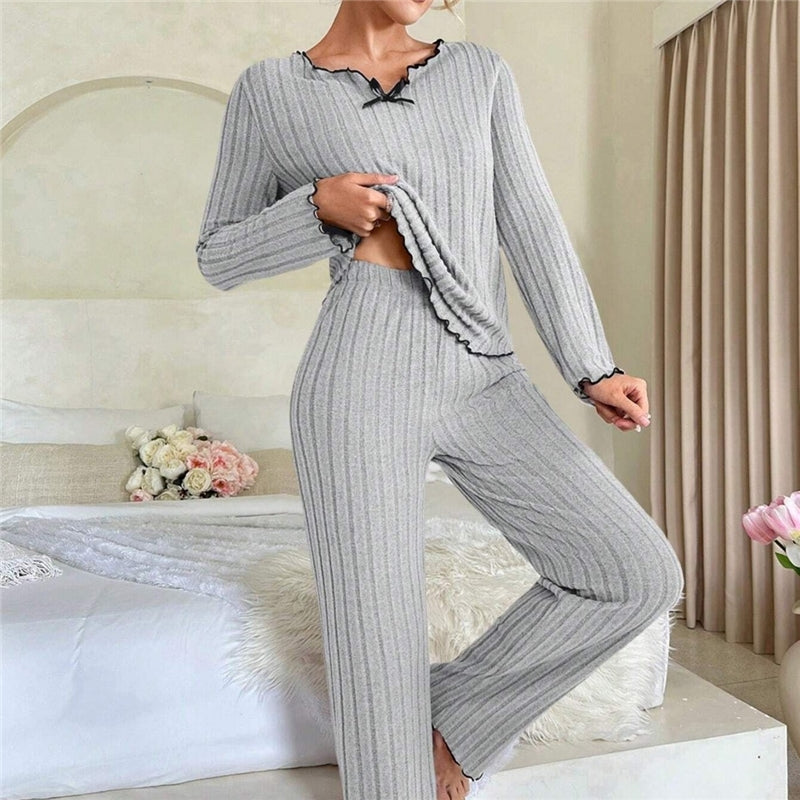 Women Casual Solid Color Wood-Ear Pajamas Longewear Two-Piece Set