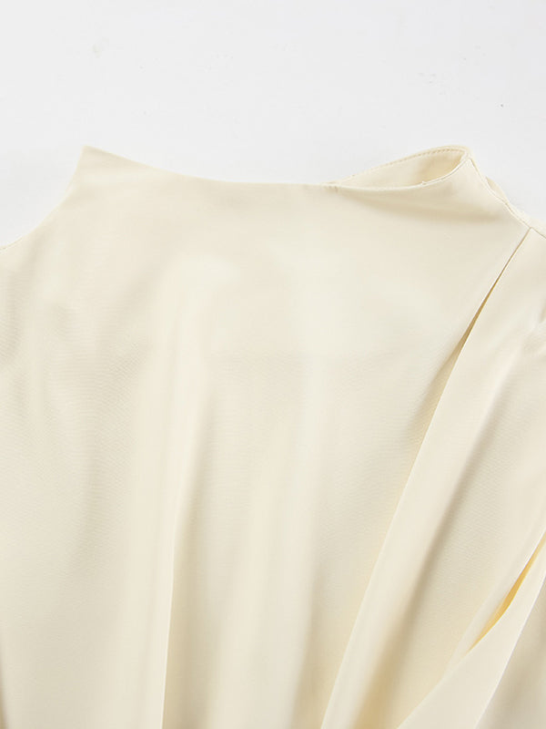 Flared Sleeves Long Sleeves Pleated Solid Color Zipper Stand Collar Blouses&Shirts Tops