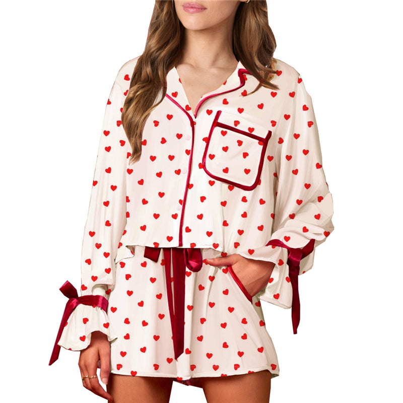 Women Fashion Casual Printed Loose Lapel Long-Sleeve Lace-Up Shorts Pajamas Two-Piece Set
