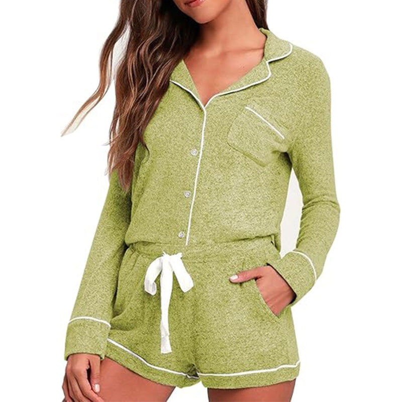 Women Fashion Casual Lapel Long Sleeve Pocket Top Drawstring Shorts Pajamas Two-Piece Set