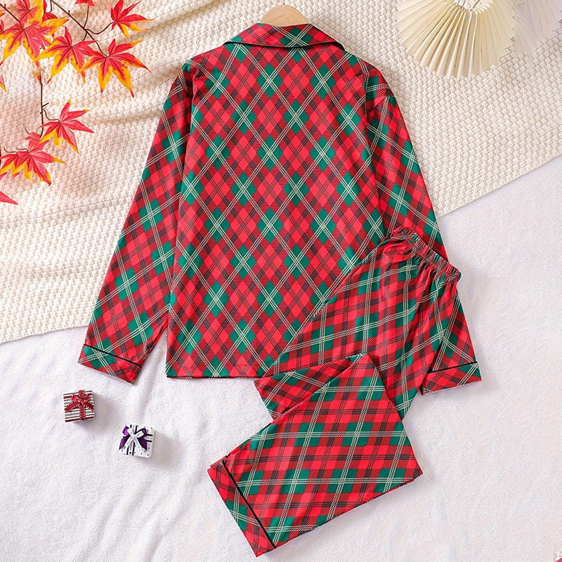Christmas Women Fashion Plaid Print Pajamas Two-Piece Set