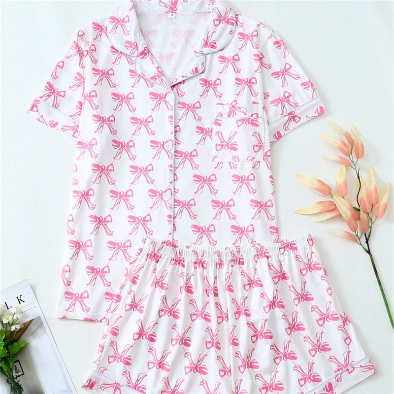 Women Fashion Casual Bowknot Printed Lapel Short Sleeve Top Loose Shorts Pajamas Set