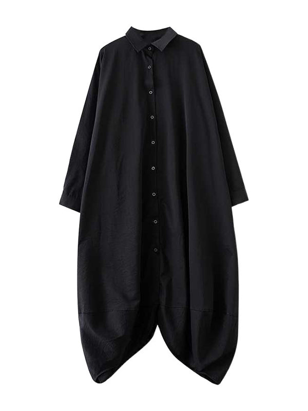 A-Line Long Sleeves Buttoned Pockets Solid Color Split-Joint Lapel Midi Dresses Shirt Dress