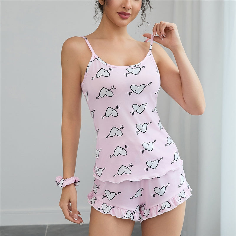 Women Fashion Sexy Love Printed Camisole Loose Shorts Pajamas Two-Piece Set