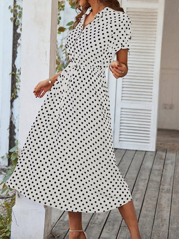 A-Line High Waisted Buttoned Drawstring Polka-Dot V-Neck Midi Dresses