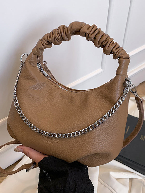 Chains Pleated Solid Color Zipper Crossbody Bags Handbags