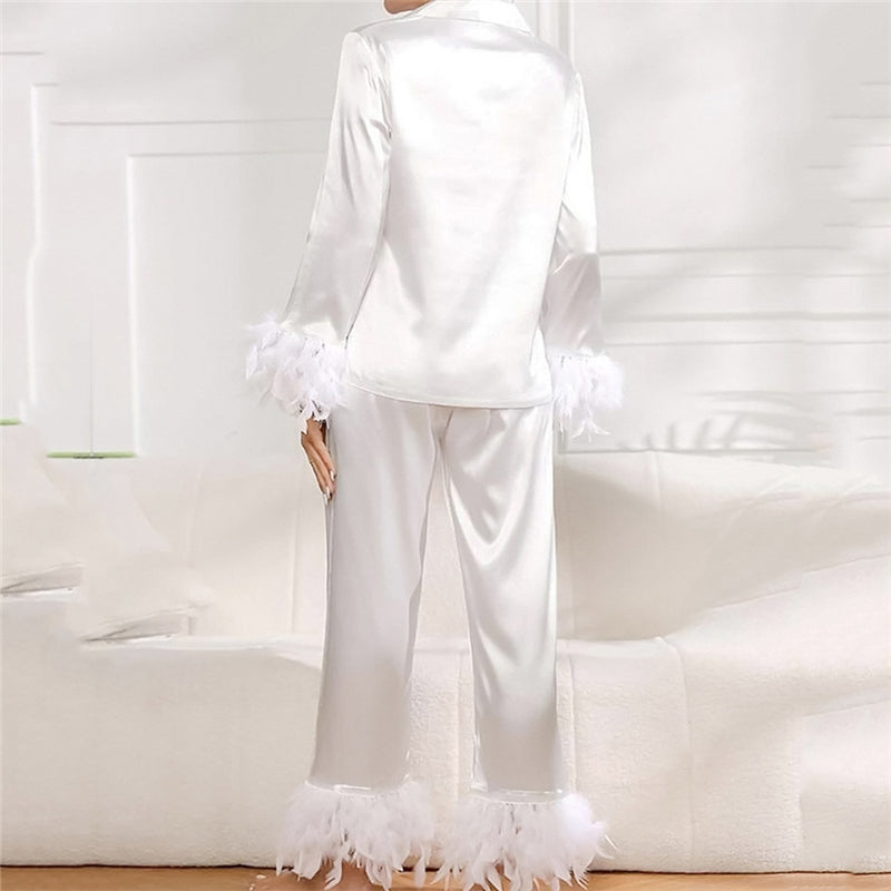 Women Fashion Solid Color Ice Silk Feather Lapel Long Sleeve Top Loose Pants Pajamas Set