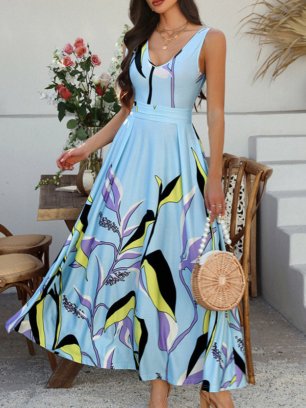 A-Line High Waisted Bowknot Contrast Color Pleated Printed Split-Joint Zipper V-Neck Maxi Dresses