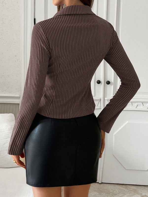 Long Sleeves Skinny Buttoned Contrast Color Striped Lapel Blouses&Shirts Tops