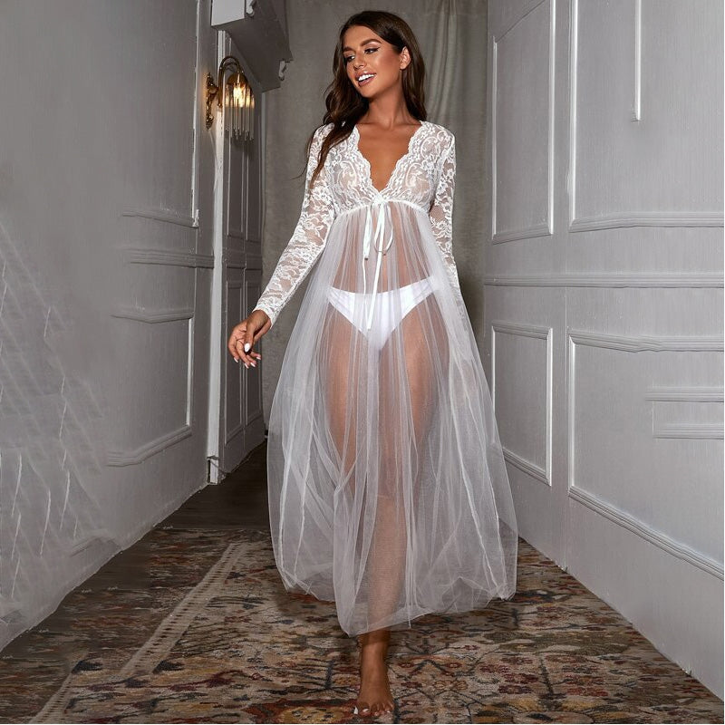 Women Fashion Sexy Lace Mesh Perspective Long-Sleeve Dress Pajamas