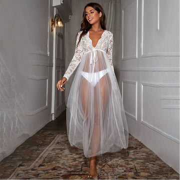 Women Fashion Sexy Lace Mesh Perspective Long-Sleeve Dress Pajamas