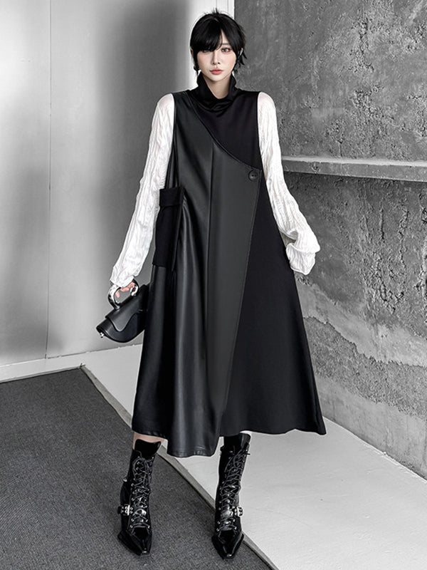 Irregularity Loose Asymmetric Buttoned Solid Color Split-Joint High Neck Midi Dresses