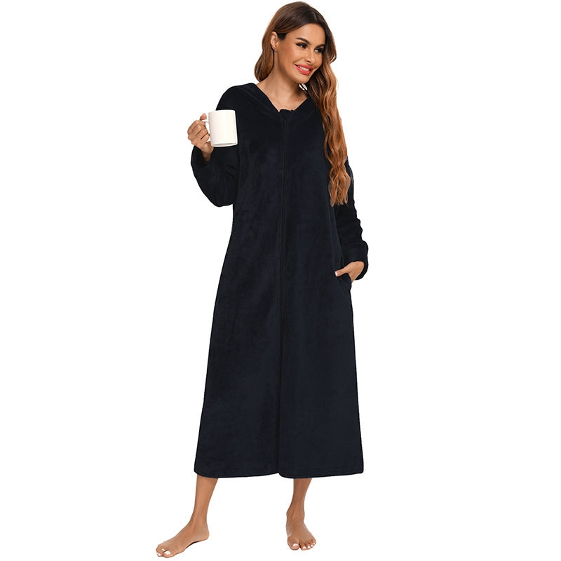 Winter Women Fashion Solid Color Zipper Long Sleeve Flannel Pajamas
